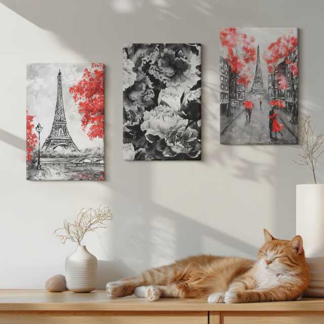 Canvas Art Set Of 3 - Eiffel Tower Gray Paintings With Red Accents, Print On Canvas, Artwork Wall Decor - image 1