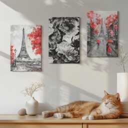Canvas Art Set Of 3 - Eiffel Tower Gray Paintings With Red Accents, Print On Canvas, Artwork Wall Decor - thumbnail 1