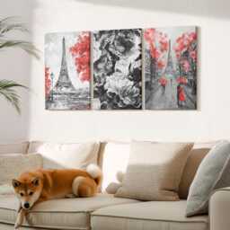 Canvas Art Set Of 3 - Eiffel Tower Gray Paintings With Red Accents, Print On Canvas, Artwork Wall Decor - thumbnail 2