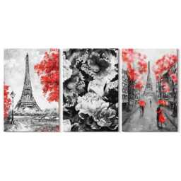 Canvas Art Set Of 3 - Eiffel Tower Gray Paintings With Red Accents, Print On Canvas, Artwork Wall Decor - thumbnail 3