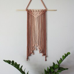 Large Handmade Minimalist Wall Hanging, Beige & Brown Boho Ombre Tapestry, Macrame Art On Wooden Dowel + Cotton Cords, Chic Design & Decor - thumbnail 2