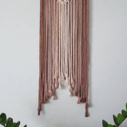 Large Handmade Minimalist Wall Hanging, Beige & Brown Boho Ombre Tapestry, Macrame Art On Wooden Dowel + Cotton Cords, Chic Design & Decor - thumbnail 3