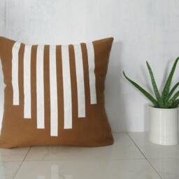 Sienna Brown Linen Pillow Cover With White Line Design/Decorative Throw Cushion Southwestern Camel Neutral Block Printed Bedding Accent - thumbnail 2