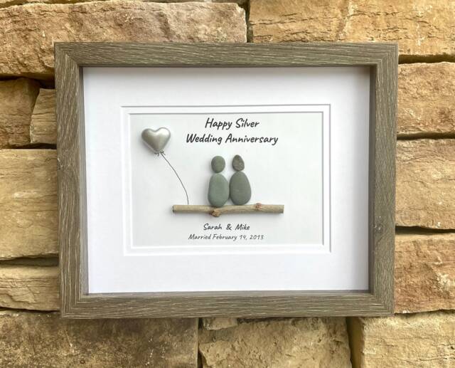 Silver Wedding Anniversary Personalized Pebble Art, 8x10 Framed 25Th Gift For Parents, Friends, Spouse - image 1