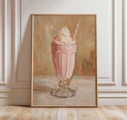 Pink Milkshake Poster, Vintage Dessert Wall Art Print, Retro Ice Cream Decor For Kitchen Or Caf??, Pastel Drink Painting, 50S Diner Artwork