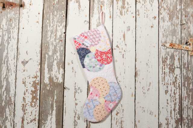Circles Vintage Quilt Christmas Stocking - Flower, Hand Quilted, Antique - image 1