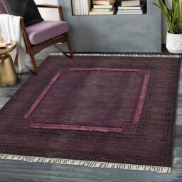 Handmade Purple Cotton Dhurrie Rug, Hand Block Printed - thumbnail 2