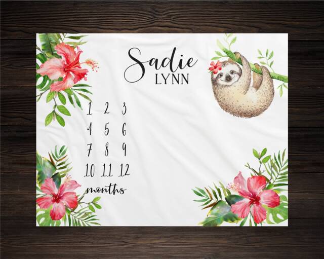 Sloth Baby Milestone Blanket Month Growth Tracker Fleece Shower Newborn Gift Jungle Animals Girl - image 1