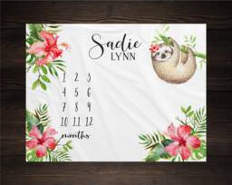 Sloth Baby Milestone Blanket Month Growth Tracker Fleece Shower Newborn Gift Jungle Animals Girl - thumbnail 1