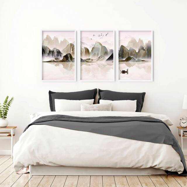 Japanese Landscape Set Of 3 Framed Wall Art Prints For A Relaxing Bedroom Decor, Zen Japandi Sunset Gallery Above Bed Decor - image 1