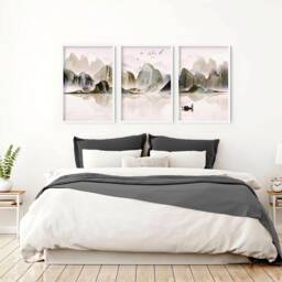 Japanese Landscape Set Of 3 Framed Wall Art Prints For A Relaxing Bedroom Decor, Zen Japandi Sunset Gallery Above Bed Decor - thumbnail 1