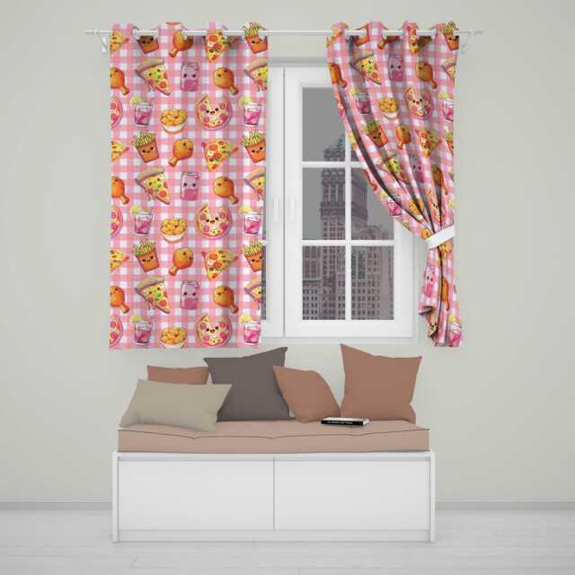 Cute Kawaii Fast Food Pattern With Pizza Chicken Soda Red Check Background Readymade Eyelet Ring Top Thermal 100% Blackout Curtains - image 1