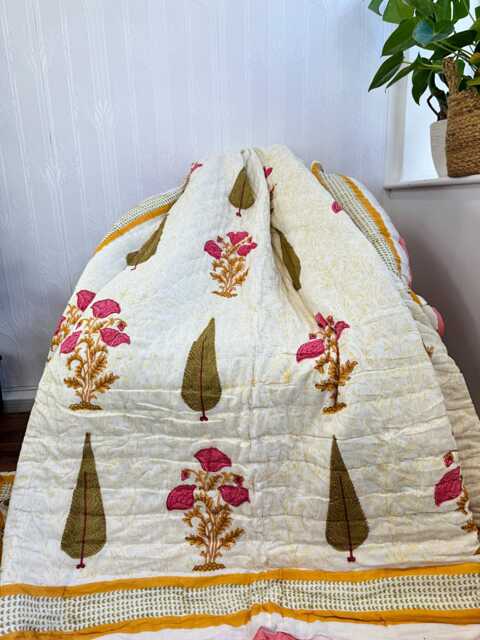 Quilted Pure Cotton Reversible Bed Throw King Size Summer Indian Quilt - Handmade Handprint Country Spring Meadow Mughal Motif Elegant - image 1