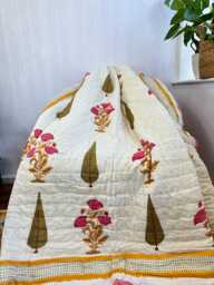 Quilted Pure Cotton Reversible Bed Throw King Size Summer Indian Quilt - Handmade Handprint Country Spring Meadow Mughal Motif Elegant - thumbnail 1