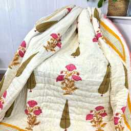 Quilted Pure Cotton Reversible Bed Throw King Size Summer Indian Quilt - Handmade Handprint Country Spring Meadow Mughal Motif Elegant - thumbnail 3
