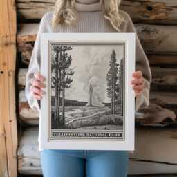 Yellowstone National Park Old Faithful Lithograph Style Print - Vintage Wyoming Poster Design, Archival Matte Fine Art Print, Western Gift - thumbnail 1