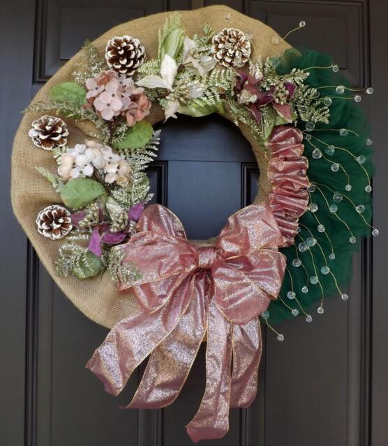 Green Organza Purple Bow Elegant Christmas Wreath - Pink/Unique Gift Decorations Ornament - image 1