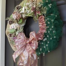 Green Organza Purple Bow Elegant Christmas Wreath - Pink/Unique Gift Decorations Ornament - thumbnail 3
