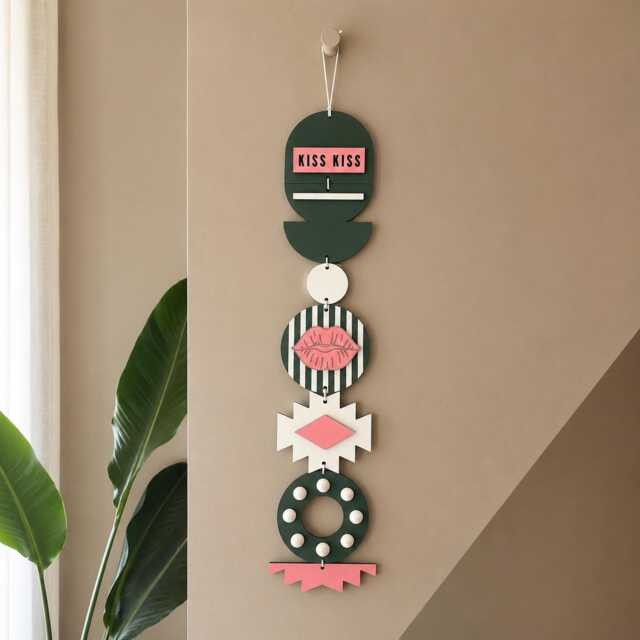 Pink & Green Wall Hanging - Lips Home Decor Kiss Art Funky Pieces - image 1