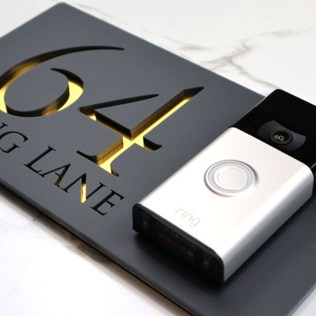 K Smart Sign - Bellissima Db Ring Nest Video Wifi Doorbell Mount Plate Laser 3D Matt Dark Gray & Gold Mirror Door Number House Plaques - image 1