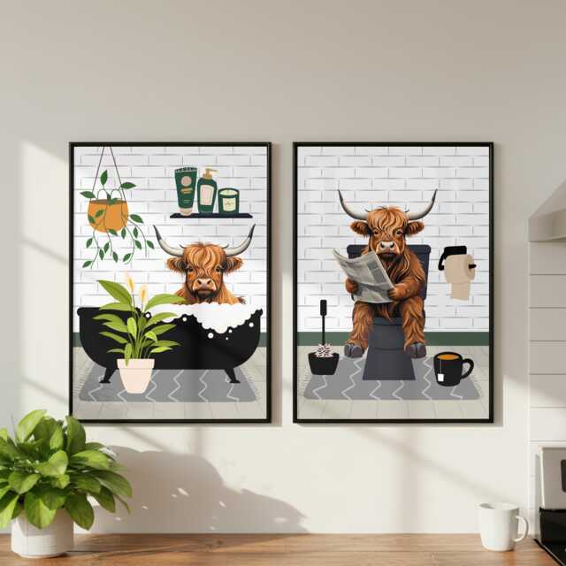Highland Cow Bathroom Prints, Bath & Toilet Art, Set Of Two White Prints - image 1