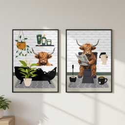 Highland Cow Bathroom Prints, Bath & Toilet Art, Set Of Two White Prints - thumbnail 3