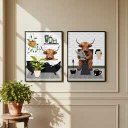 Highland Cow Bathroom Prints, Bath & Toilet Art, Set Of Two White Prints - thumbnail 2