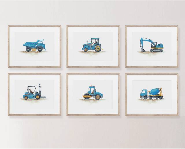 Construction Vehicle Prints, Blue Boy Nursery Decor, Trucks, Car Prints Boys Room, Wall Art - image 1