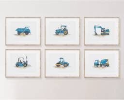 Construction Vehicle Prints, Blue Boy Nursery Decor, Trucks, Car Prints Boys Room, Wall Art - thumbnail 1