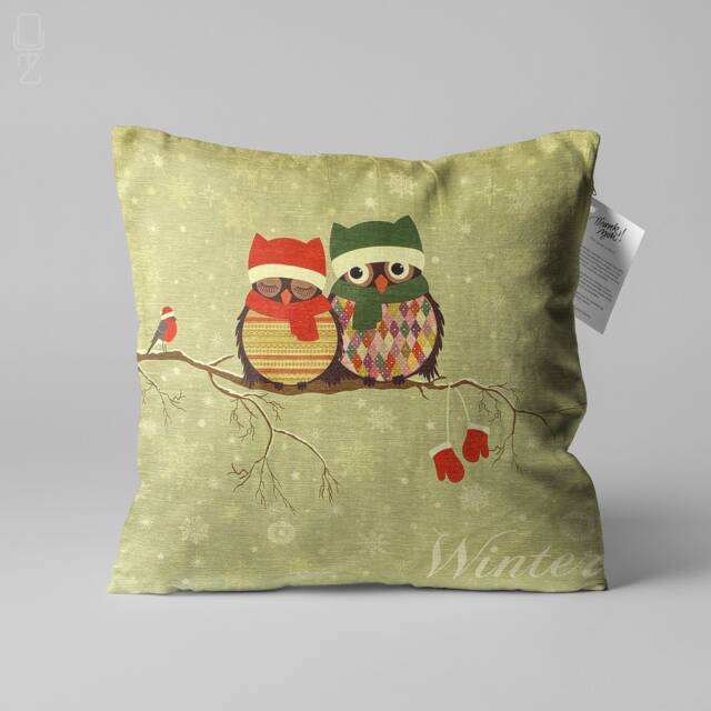 Winter Owl Couple Cushion Cover, Soft Chenille Fabric, Double Sided - image 1