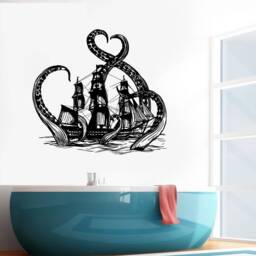 Kraken Wall Decal - Nautical Octopus Vinyl Sticker For Bathroom, Kids Room, Or Pirate Nursery Ocean Sea Monster Art - #2538Di - thumbnail 2