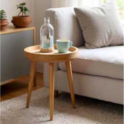 Handcrafted Mango Wood Side Table Embossed Metal Ivory Accent - thumbnail 2
