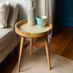 Handcrafted Mango Wood Side Table Embossed Metal Ivory Accent - thumbnail 4