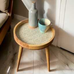 Handcrafted Mango Wood Side Table Embossed Metal Ivory Accent