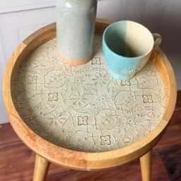 Handcrafted Mango Wood Side Table Embossed Metal Ivory Accent - thumbnail 3
