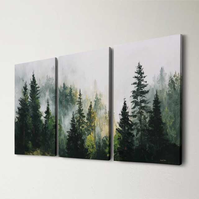 Woodland Oil Painting Wall Art, 3 Panel Split Canvas Art Forest Landscape Canvas, Nature Trees Artwork For Rustic Home Decor, Hangings - image 1