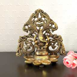 Brass Lord Ganesha Wall Hanging With 6 Oil Wick Diyas Vinayaka Wall Frame Housewarming Gift Spiritual Indian Home Decor - thumbnail 2