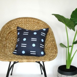 Navy Blue Linen Pillow Cover With Block Printed Geometric Design/Minimalist Print Indigo White Light Traditional Decorative Throw - thumbnail 2