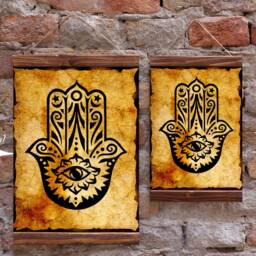 Hamsa Hand Charm Kabbalah Talisman Wood Framed Canvas Art Print, Judaism Book Of Zohar Talmud, Middle East Evil Eye Protection - thumbnail 2