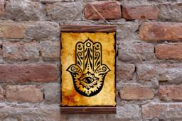 Hamsa Hand Charm Kabbalah Talisman Wood Framed Canvas Art Print, Judaism Book Of Zohar Talmud, Middle East Evil Eye Protection - thumbnail 1