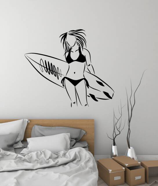 Surfer Girl Vinyl Wall Decal Surfing Woman Beach House Style Surfboard Surf Stickers Mural - #3039Di - image 1