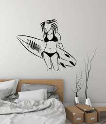 Surfer Girl Vinyl Wall Decal Surfing Woman Beach House Style Surfboard Surf Stickers Mural - #3039Di - thumbnail 1