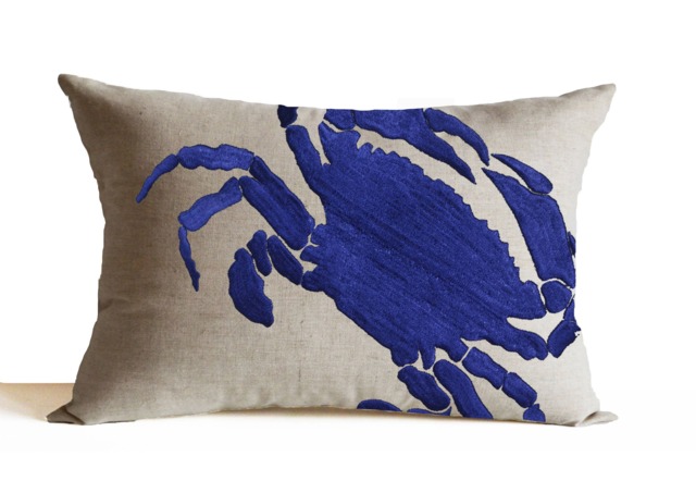 Crab Throw Pillow Cover, Beach House Decor, Nautical Sea Pillow, Decor Embroidered Linen Pillows Housewarming Gift - image 1