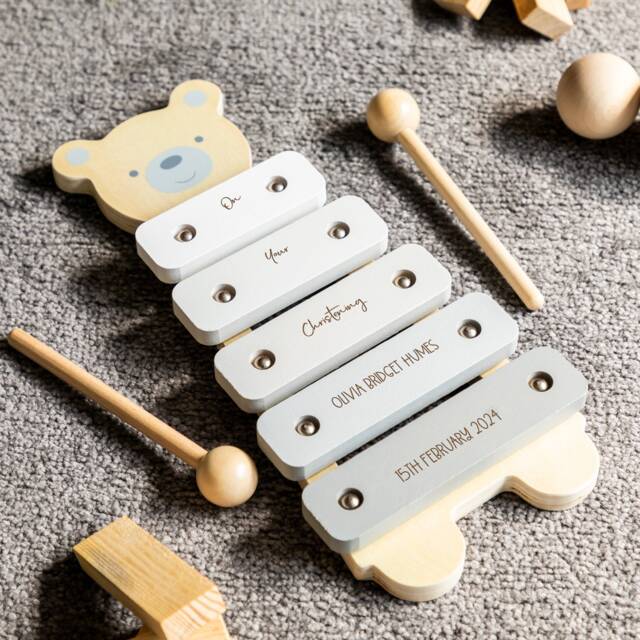 Christening Gift Bear Xylophone - Personalised Wooden Wood Music Toys Musical Baptism For Baby Lc966 - image 1