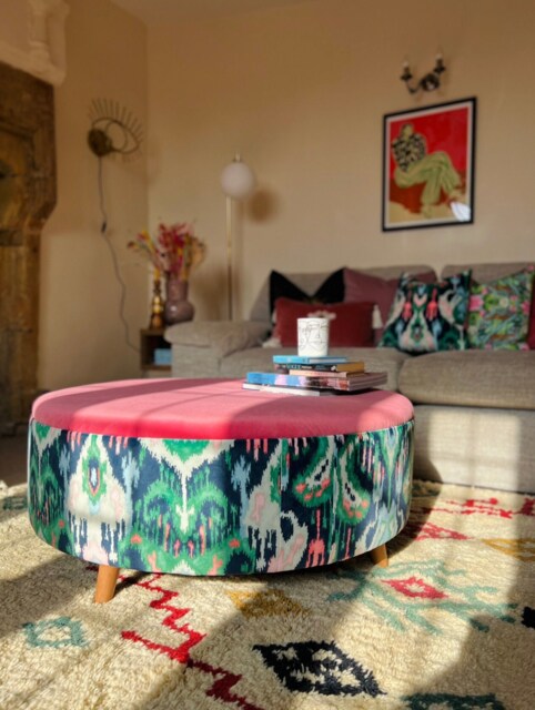 Large Round Footstool With Candy Pink Velvet & Linwood Emerald Green Print - image 1