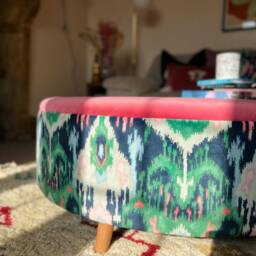 Large Round Footstool With Candy Pink Velvet & Linwood Emerald Green Print - thumbnail 3