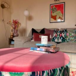 Large Round Footstool With Candy Pink Velvet & Linwood Emerald Green Print - thumbnail 2