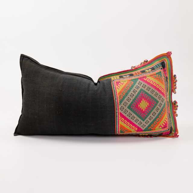 Vintage Hmong Embroidered Lumbar Pillow, Ethnic Tribal Throw Cushion - image 1