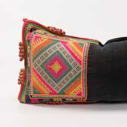 Vintage Hmong Embroidered Lumbar Pillow, Ethnic Tribal Throw Cushion - thumbnail 3