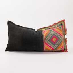 Vintage Hmong Embroidered Lumbar Pillow, Ethnic Tribal Throw Cushion - thumbnail 1